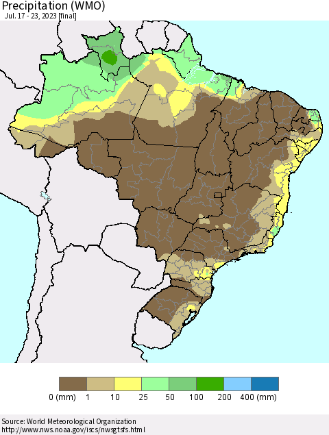 Brazil Precipitation (WMO) Thematic Map For 7/17/2023 - 7/23/2023