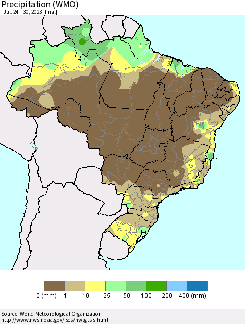 Brazil Precipitation (WMO) Thematic Map For 7/24/2023 - 7/30/2023