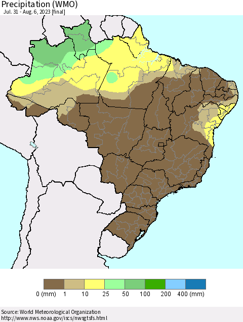 Brazil Precipitation (WMO) Thematic Map For 7/31/2023 - 8/6/2023