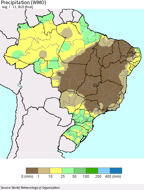 Brazil Precipitation (WMO) Thematic Map For 8/7/2023 - 8/13/2023