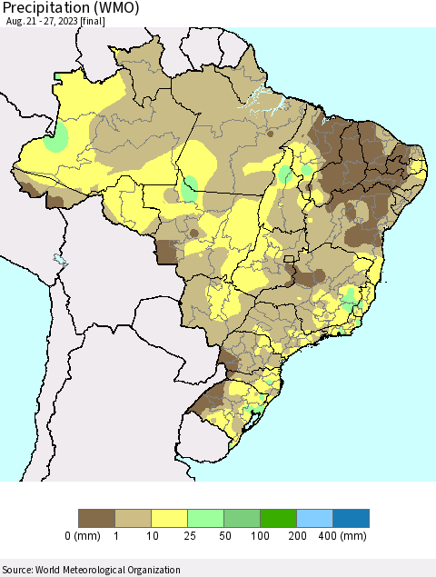 Brazil Precipitation (WMO) Thematic Map For 8/21/2023 - 8/27/2023