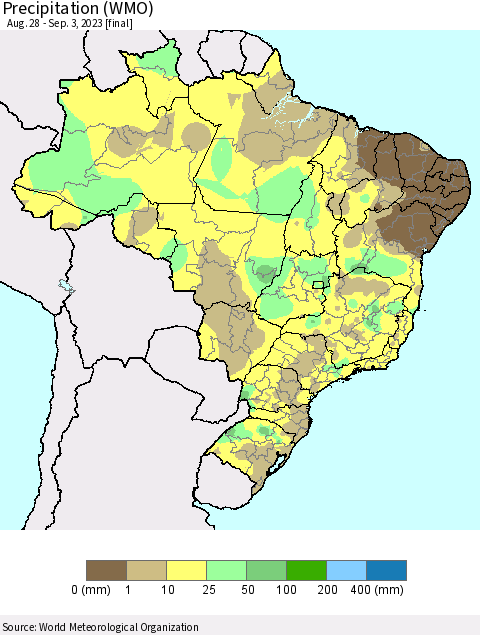 Brazil Precipitation (WMO) Thematic Map For 8/28/2023 - 9/3/2023