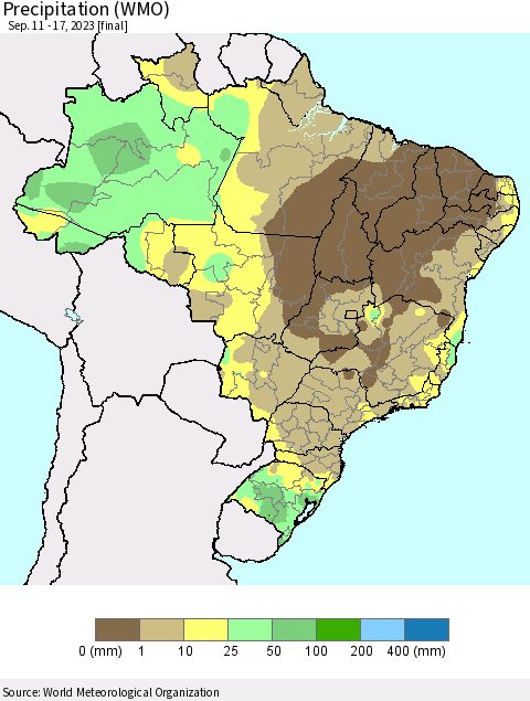 Brazil Precipitation (WMO) Thematic Map For 9/11/2023 - 9/17/2023