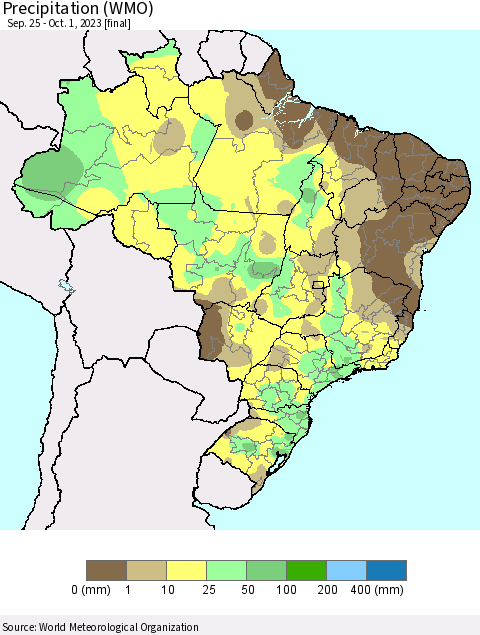 Brazil Precipitation (WMO) Thematic Map For 9/25/2023 - 10/1/2023