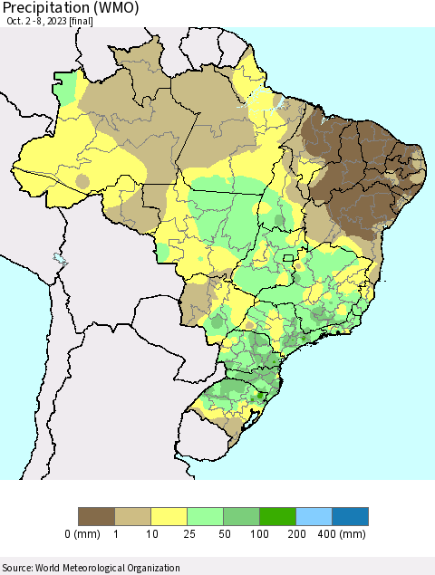 Brazil Precipitation (WMO) Thematic Map For 10/2/2023 - 10/8/2023