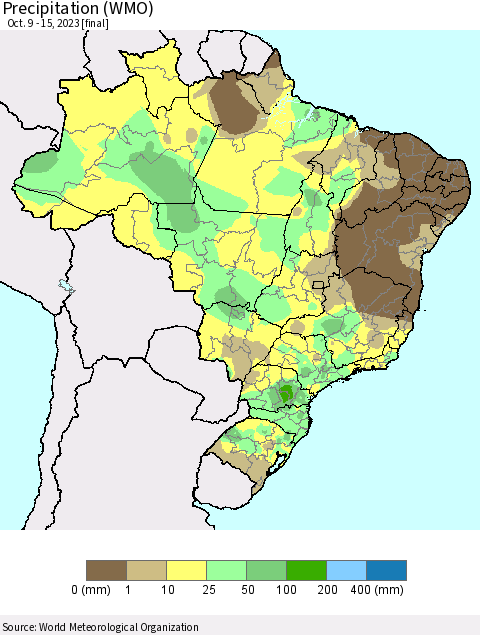 Brazil Precipitation (WMO) Thematic Map For 10/9/2023 - 10/15/2023