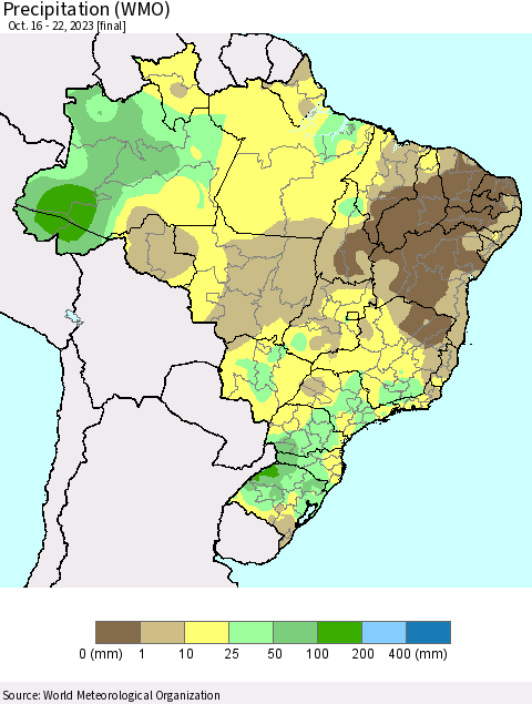 Brazil Precipitation (WMO) Thematic Map For 10/16/2023 - 10/22/2023