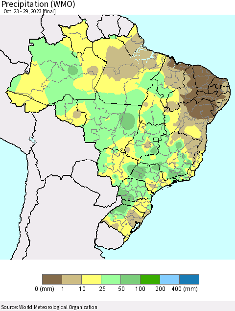 Brazil Precipitation (WMO) Thematic Map For 10/23/2023 - 10/29/2023