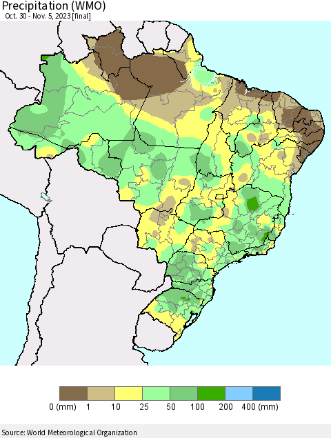 Brazil Precipitation (WMO) Thematic Map For 10/30/2023 - 11/5/2023