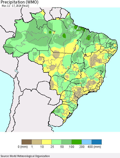 Brazil Precipitation (WMO) Thematic Map For 3/11/2024 - 3/17/2024