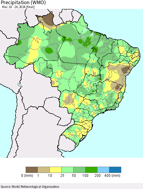 Brazil Precipitation (WMO) Thematic Map For 3/18/2024 - 3/24/2024