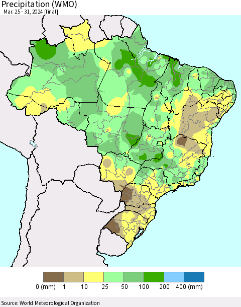 Brazil Precipitation (WMO) Thematic Map For 3/25/2024 - 3/31/2024