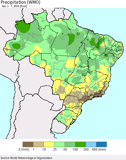 Brazil Precipitation (WMO) Thematic Map For 4/1/2024 - 4/7/2024