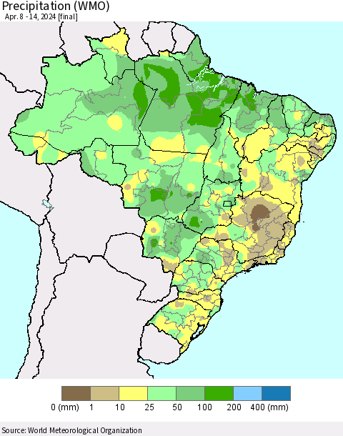 Brazil Precipitation (WMO) Thematic Map For 4/8/2024 - 4/14/2024