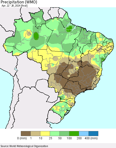 Brazil Precipitation (WMO) Thematic Map For 4/22/2024 - 4/28/2024