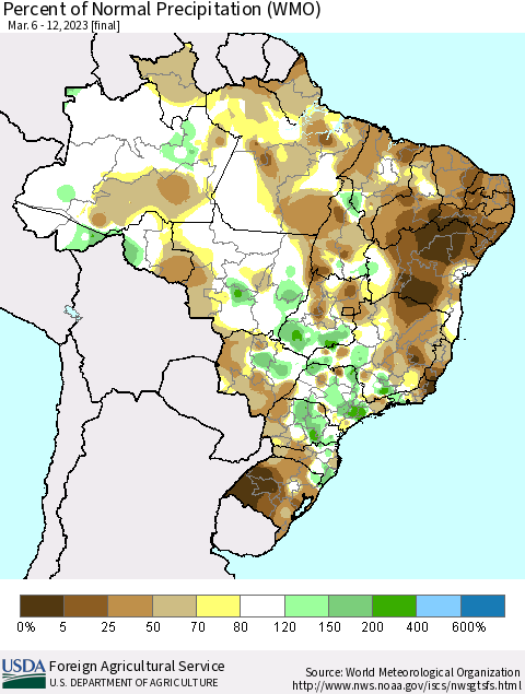 Brazil Percent of Normal Precipitation (WMO) Thematic Map For 3/6/2023 - 3/12/2023