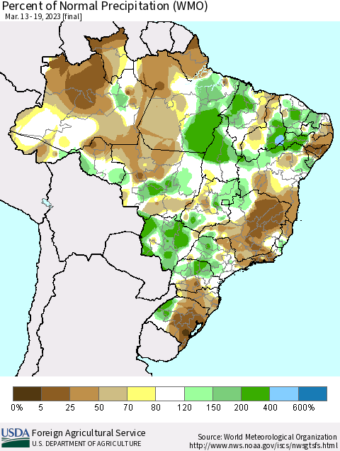 Brazil Percent of Normal Precipitation (WMO) Thematic Map For 3/13/2023 - 3/19/2023