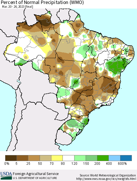 Brazil Percent of Normal Precipitation (WMO) Thematic Map For 3/20/2023 - 3/26/2023