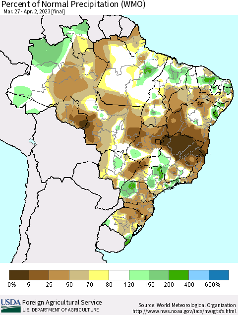 Brazil Percent of Normal Precipitation (WMO) Thematic Map For 3/27/2023 - 4/2/2023