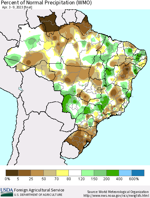 Brazil Percent of Normal Precipitation (WMO) Thematic Map For 4/3/2023 - 4/9/2023