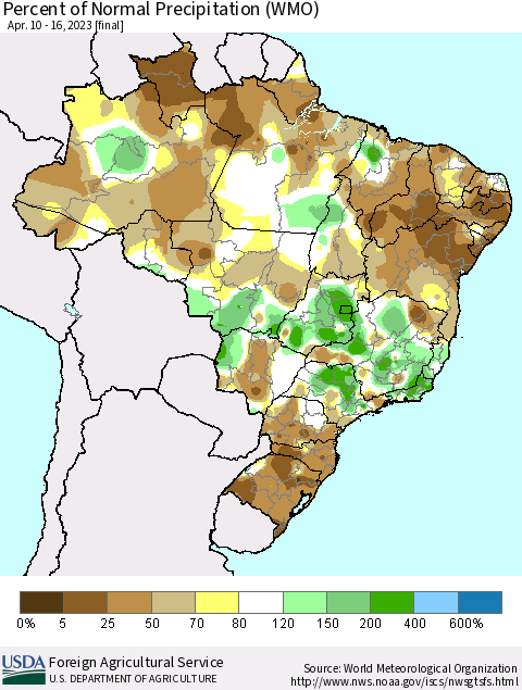 Brazil Percent of Normal Precipitation (WMO) Thematic Map For 4/10/2023 - 4/16/2023