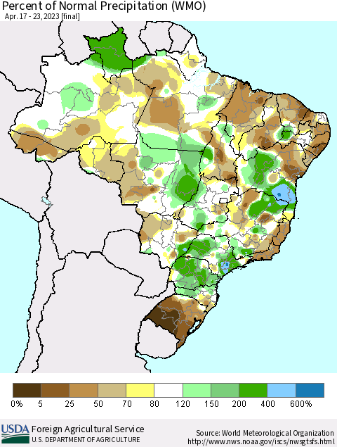 Brazil Percent of Normal Precipitation (WMO) Thematic Map For 4/17/2023 - 4/23/2023