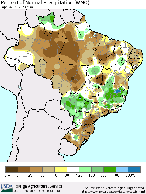 Brazil Percent of Normal Precipitation (WMO) Thematic Map For 4/24/2023 - 4/30/2023