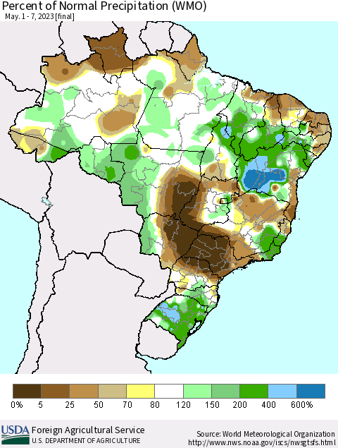 Brazil Percent of Normal Precipitation (WMO) Thematic Map For 5/1/2023 - 5/7/2023