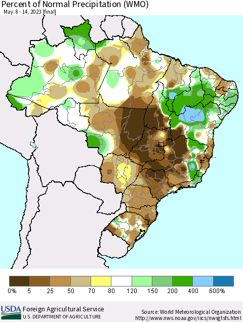 Brazil Percent of Normal Precipitation (WMO) Thematic Map For 5/8/2023 - 5/14/2023