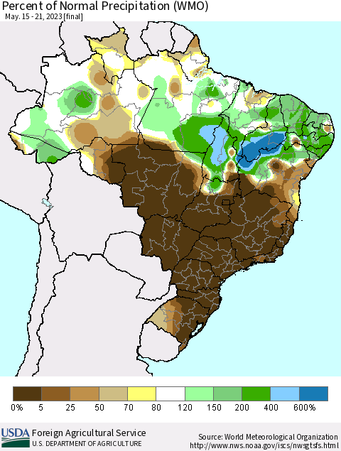 Brazil Percent of Normal Precipitation (WMO) Thematic Map For 5/15/2023 - 5/21/2023