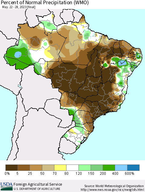 Brazil Percent of Normal Precipitation (WMO) Thematic Map For 5/22/2023 - 5/28/2023