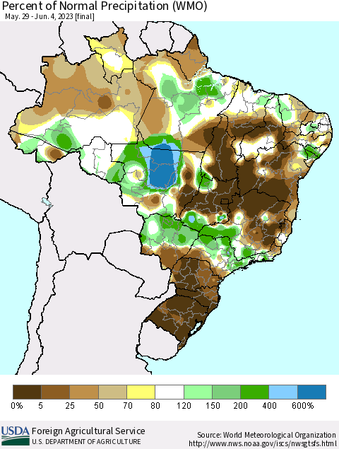 Brazil Percent of Normal Precipitation (WMO) Thematic Map For 5/29/2023 - 6/4/2023