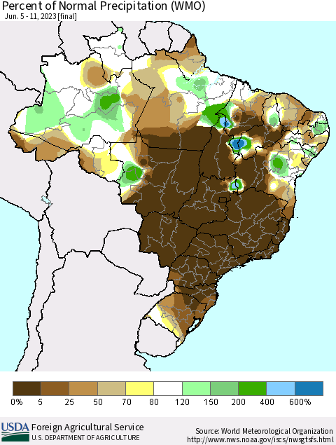 Brazil Percent of Normal Precipitation (WMO) Thematic Map For 6/5/2023 - 6/11/2023