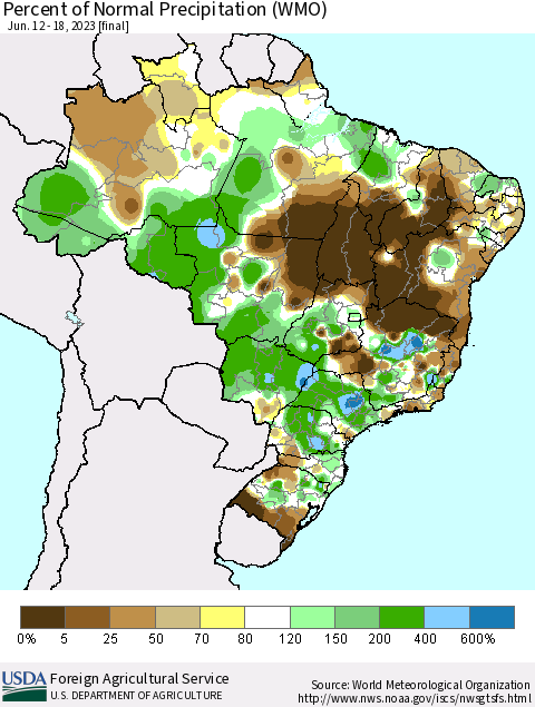 Brazil Percent of Normal Precipitation (WMO) Thematic Map For 6/12/2023 - 6/18/2023