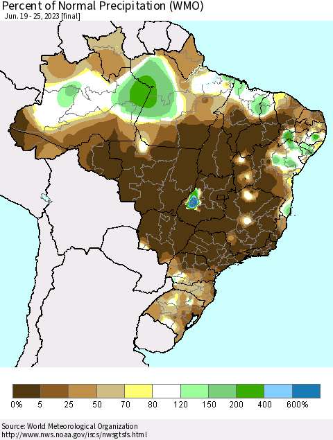 Brazil Percent of Normal Precipitation (WMO) Thematic Map For 6/19/2023 - 6/25/2023