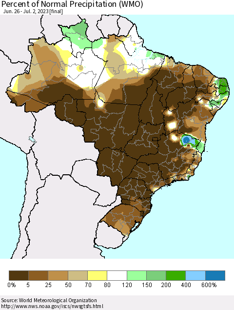 Brazil Percent of Normal Precipitation (WMO) Thematic Map For 6/26/2023 - 7/2/2023