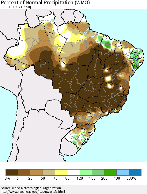 Brazil Percent of Normal Precipitation (WMO) Thematic Map For 7/3/2023 - 7/9/2023