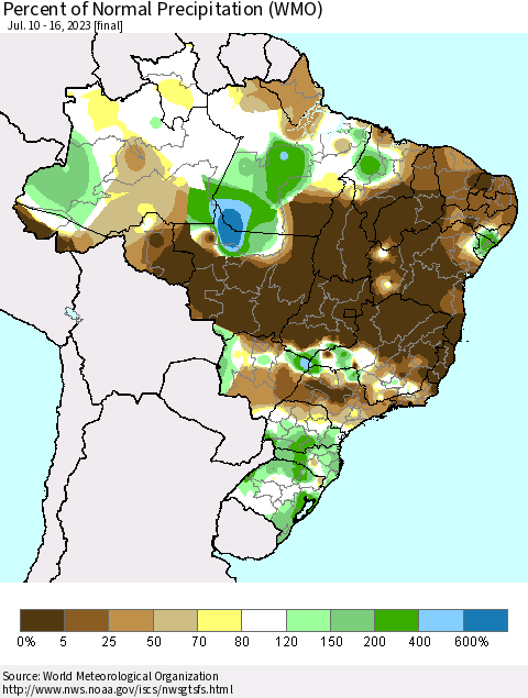 Brazil Percent of Normal Precipitation (WMO) Thematic Map For 7/10/2023 - 7/16/2023
