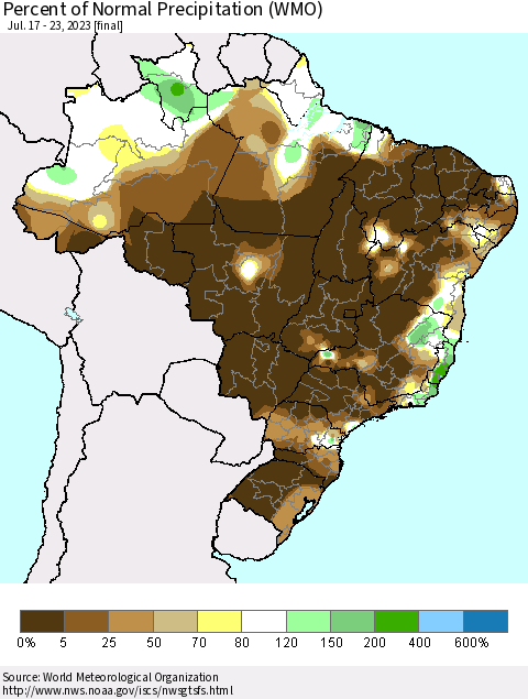 Brazil Percent of Normal Precipitation (WMO) Thematic Map For 7/17/2023 - 7/23/2023