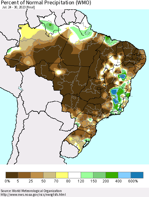 Brazil Percent of Normal Precipitation (WMO) Thematic Map For 7/24/2023 - 7/30/2023