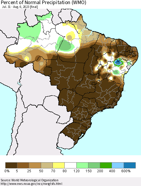 Brazil Percent of Normal Precipitation (WMO) Thematic Map For 7/31/2023 - 8/6/2023