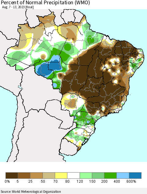 Brazil Percent of Normal Precipitation (WMO) Thematic Map For 8/7/2023 - 8/13/2023