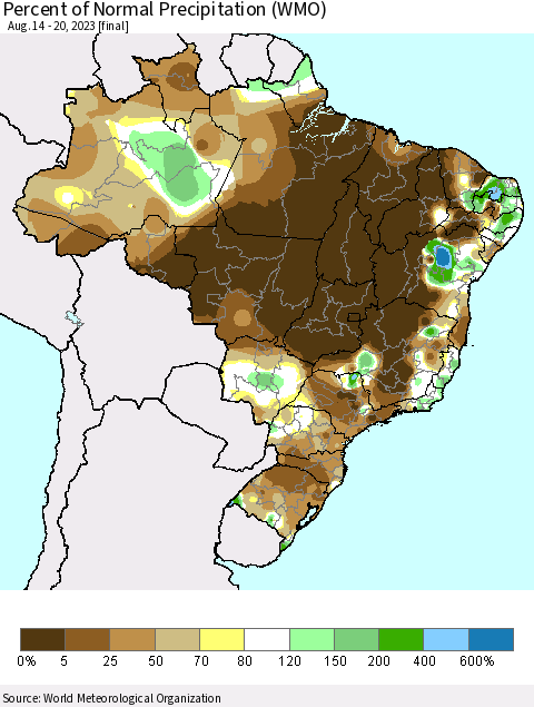 Brazil Percent of Normal Precipitation (WMO) Thematic Map For 8/14/2023 - 8/20/2023