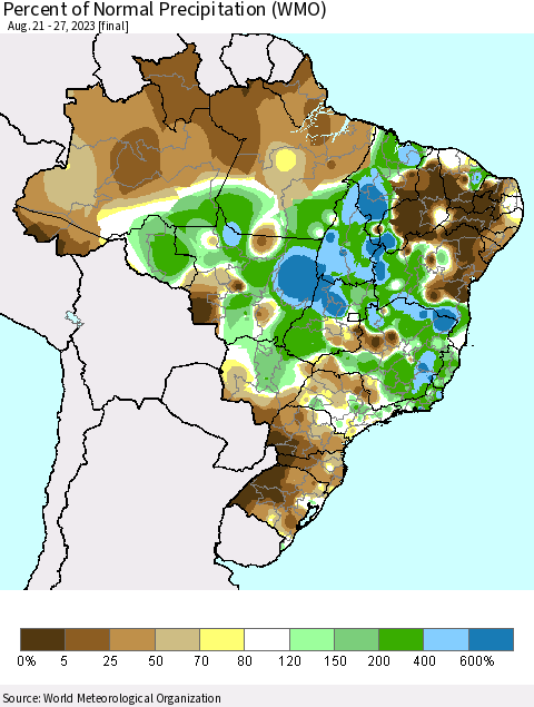 Brazil Percent of Normal Precipitation (WMO) Thematic Map For 8/21/2023 - 8/27/2023