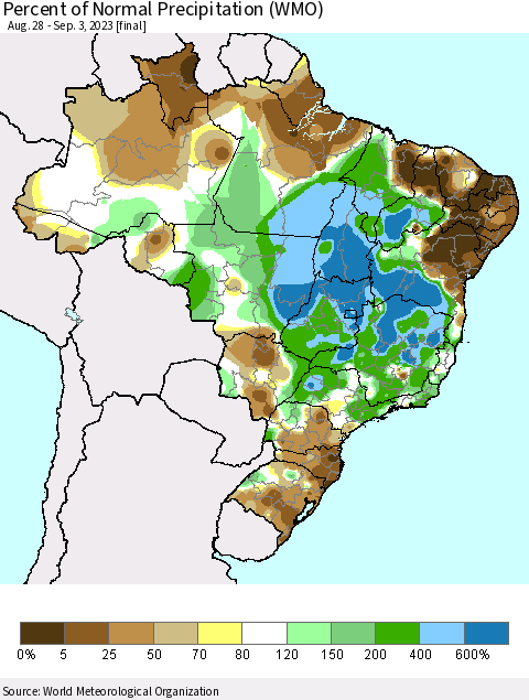 Brazil Percent of Normal Precipitation (WMO) Thematic Map For 8/28/2023 - 9/3/2023