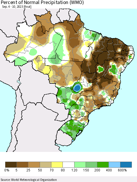 Brazil Percent of Normal Precipitation (WMO) Thematic Map For 9/4/2023 - 9/10/2023
