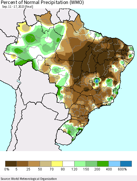 Brazil Percent of Normal Precipitation (WMO) Thematic Map For 9/11/2023 - 9/17/2023