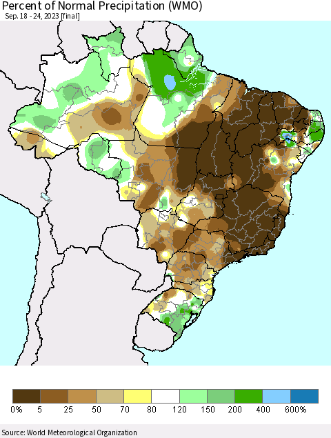Brazil Percent of Normal Precipitation (WMO) Thematic Map For 9/18/2023 - 9/24/2023