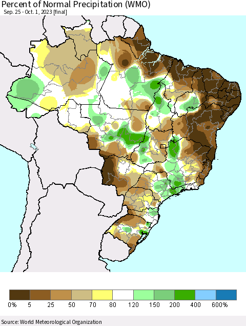 Brazil Percent of Normal Precipitation (WMO) Thematic Map For 9/25/2023 - 10/1/2023