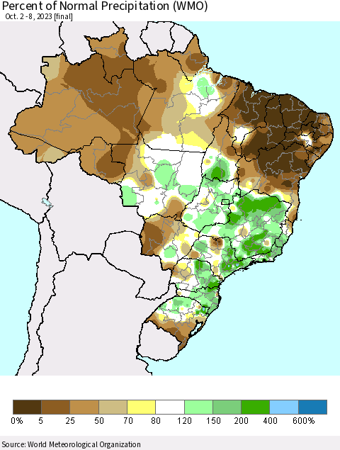 Brazil Percent of Normal Precipitation (WMO) Thematic Map For 10/2/2023 - 10/8/2023